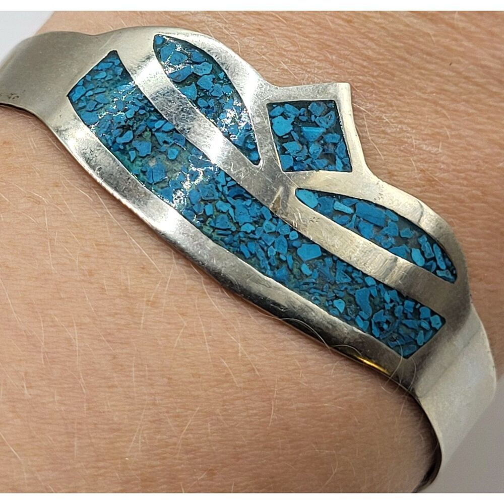 Alpaca Sterling Silver Turquoise Inlay Bangle Bracelet 7in